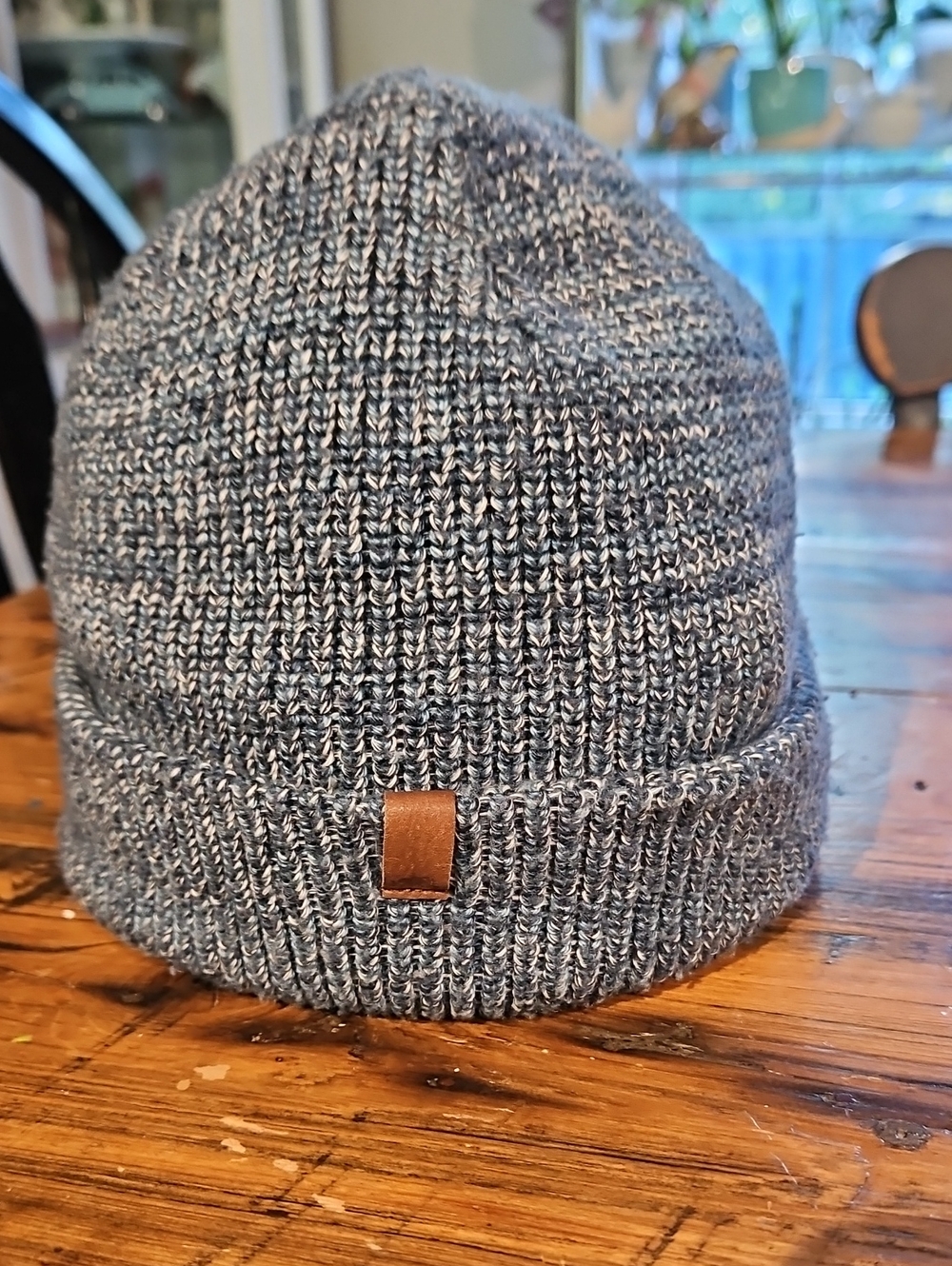 Roots Marled Blue Knit Beanie with Leather Tab